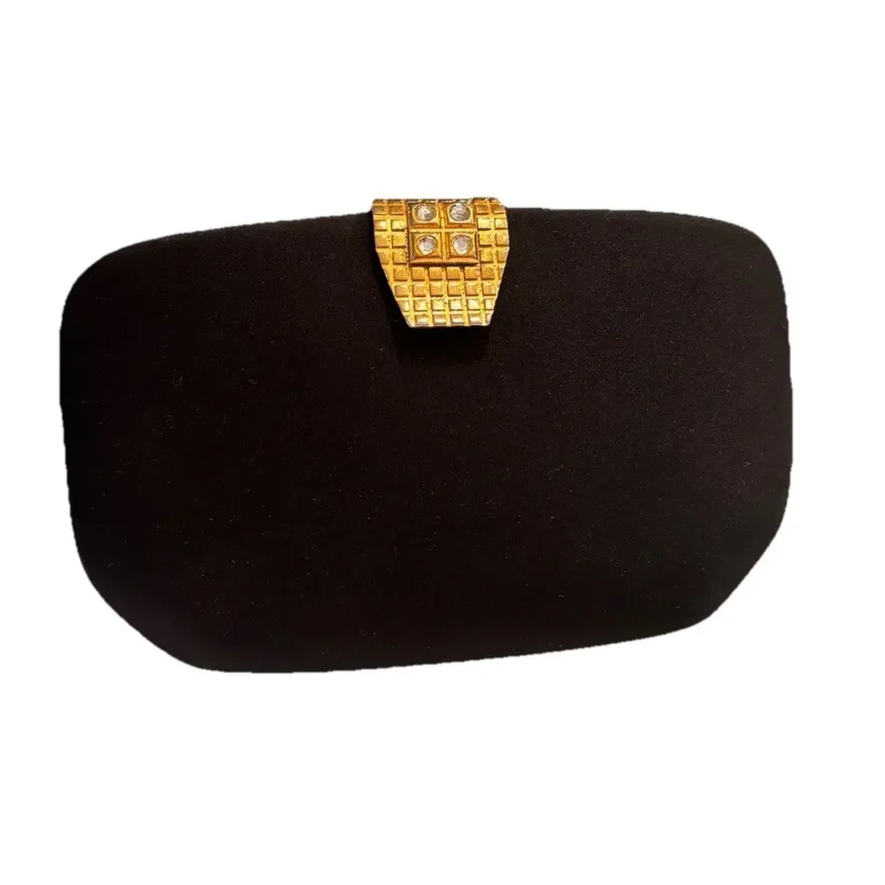 RODO Italy Satin Black Hard Shell Gold Chain Handbag Clutch Rhinestone Clasp EUC